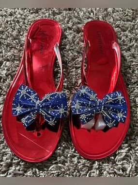 🆕 Liliana Red Jelly Slide Sandals with Blue Rhinestone Bow